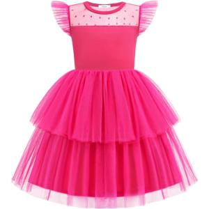 Arshiner Toddler Girls Tutu Sundress Ruffle Sleeve Double Fluffy Tiered Tulle Summer Dresses for Kids 2-8Y(Hot Pink)
