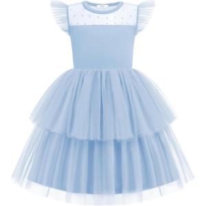 Arshiner Toddler Girls Tutu Sundress Ruffle Sleeve Double Fluffy Tiered Tulle Summer Dresses for Kids 2-8Y(Light Blue)