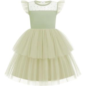 Arshiner Toddler Girls Tutu Sundress Ruffle Sleeve Double Fluffy Tiered Tulle Summer Dresses for Kids 2-8Y(Light Green)