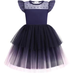 Arshiner Toddler Girls Tutu Sundress Ruffle Sleeve Double Fluffy Tiered Tulle Summer Dresses for Kids 2-8Y(Navy Blue)