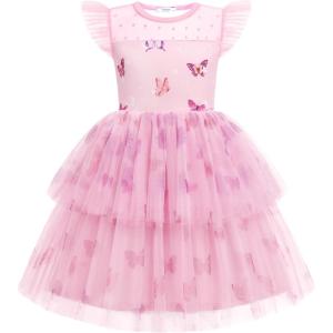 Arshiner Toddler Girls Tutu Sundress Ruffle Sleeve Double Fluffy Tiered Tulle Summer Dresses for Kids 2-8Y(Pink Butterfly)
