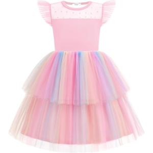 Arshiner Toddler Girls Tutu Sundress Ruffle Sleeve Double Fluffy Tiered Tulle Summer Dresses for Kids 2-8Y(Pink Rainbow)