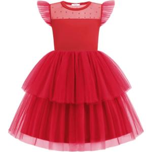 Arshiner Toddler Girls Tutu Sundress Ruffle Sleeve Double Fluffy Tiered Tulle Summer Dresses for Kids 2-8Y(Red)