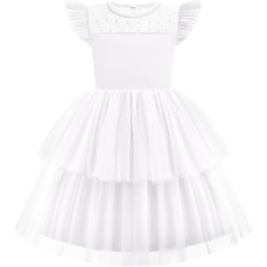 Arshiner Toddler Girls Tutu Sundress Ruffle Sleeve Double Fluffy Tiered Tulle Summer Dresses for Kids 2-8Y(White)