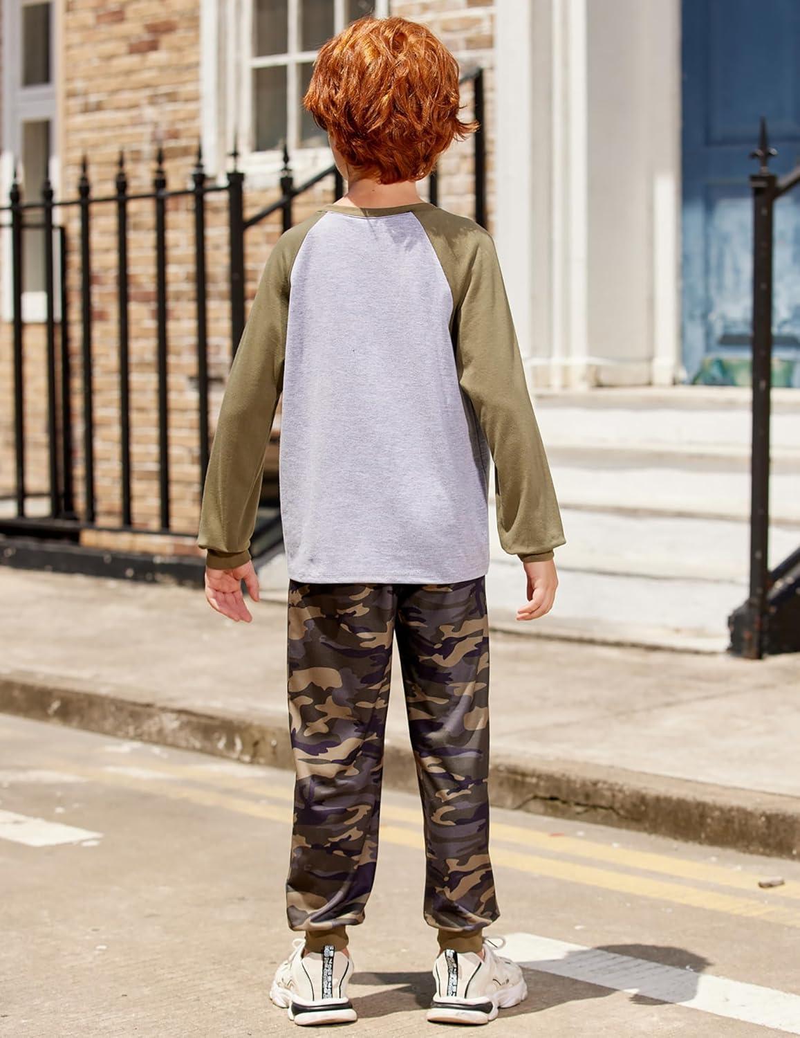 image:imageArshiner Boys Clothes Set Long Raglan Sleeve TShirts Casual Pants 2Pcs Colorblock Fall Outfits for KidsGrey Army Green Camo