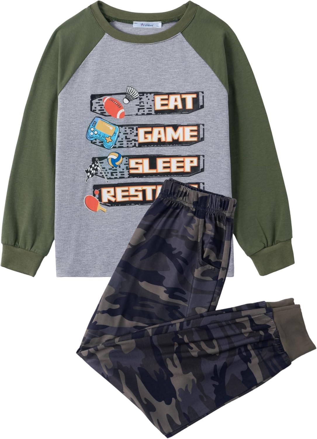 image:imageArshiner Boys Clothes Set Long Raglan Sleeve TShirts Casual Pants 2Pcs Colorblock Fall Outfits for KidsGrey Army Green Camo