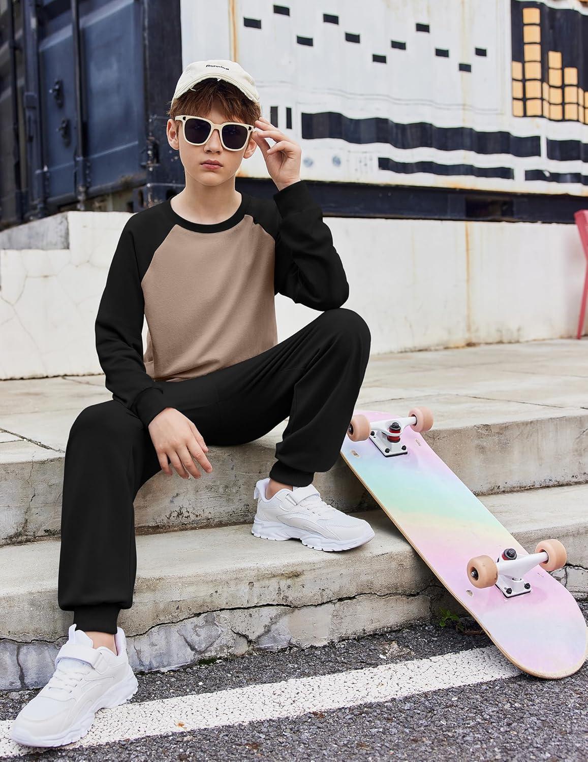 image:imageArshiner Boys Clothes Set Long Raglan Sleeve TShirts Casual Pants 2Pcs Colorblock Fall Outfits for KidsKhaki Black