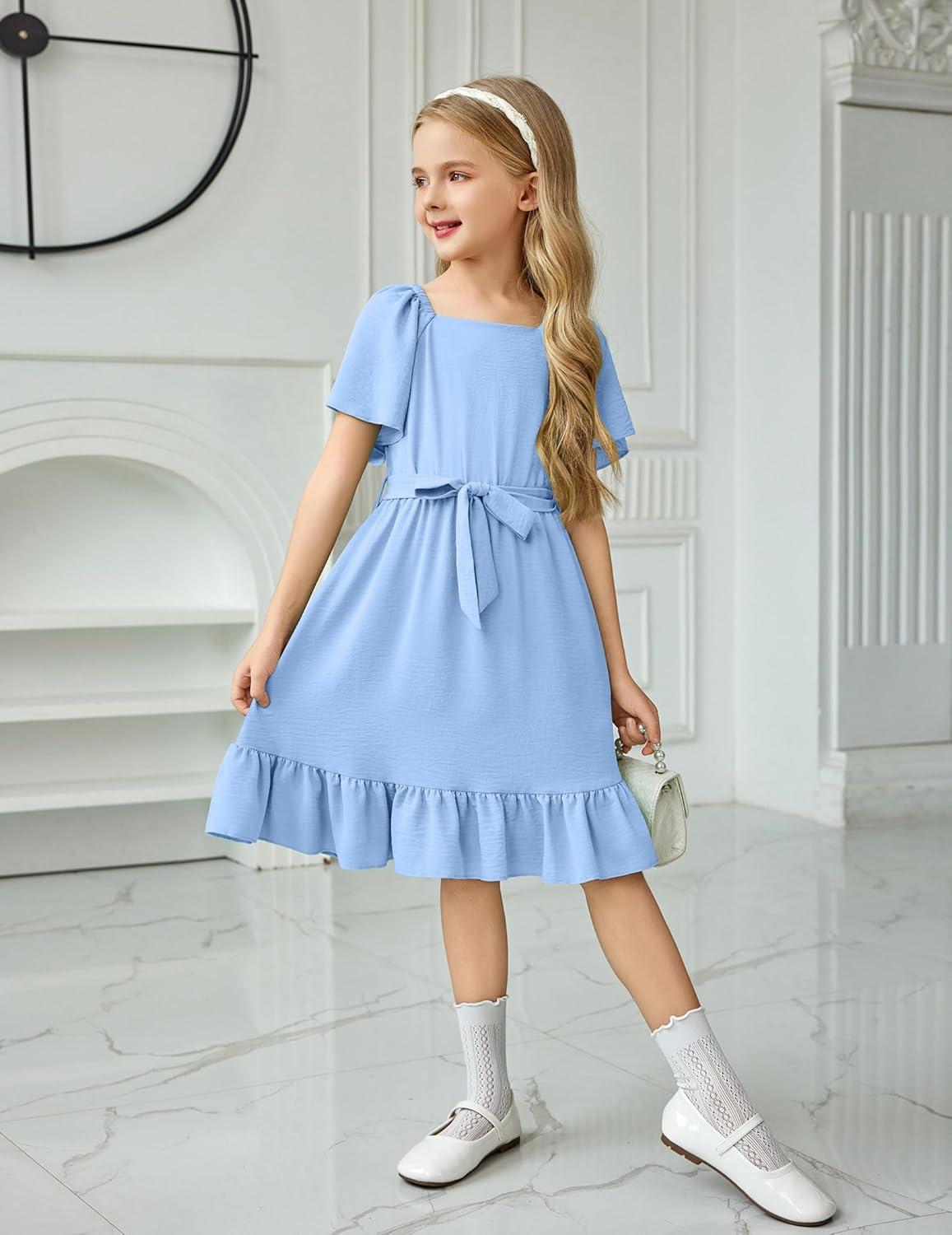 image:imageArshiner Girls Dresses Kids Summer Square Neck Ruffle Hem Belted Dress with Pockets for 512 YearsLight Blue