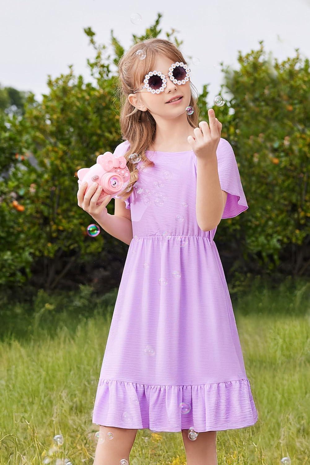 image:imageArshiner Girls Dresses Kids Summer Square Neck Ruffle Hem Belted Dress with Pockets for 512 YearsLilac