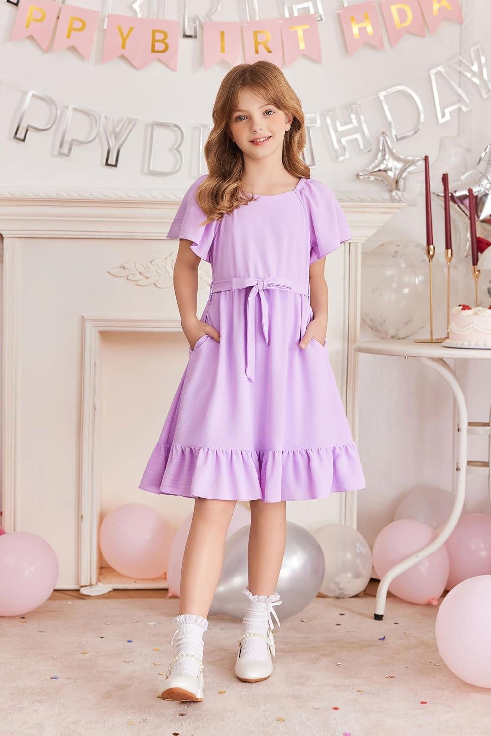 image:imageArshiner Girls Dresses Kids Summer Square Neck Ruffle Hem Belted Dress with Pockets for 512 YearsLilac