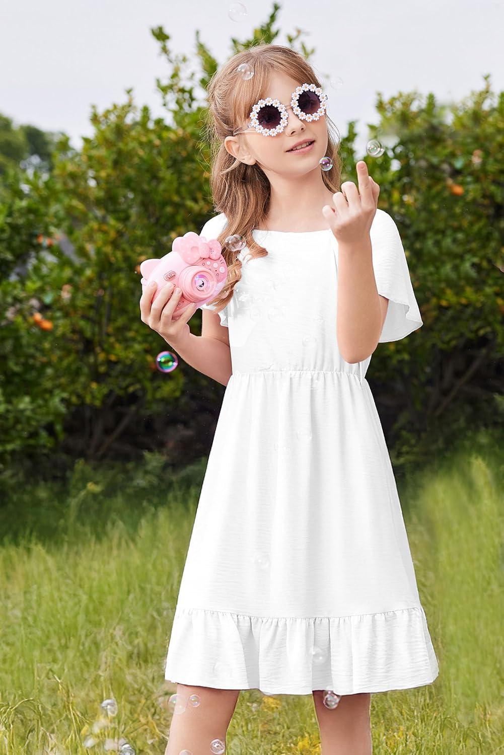 image:imageArshiner Girls Dresses Kids Summer Square Neck Ruffle Hem Belted Dress with Pockets for 512 YearsWhite