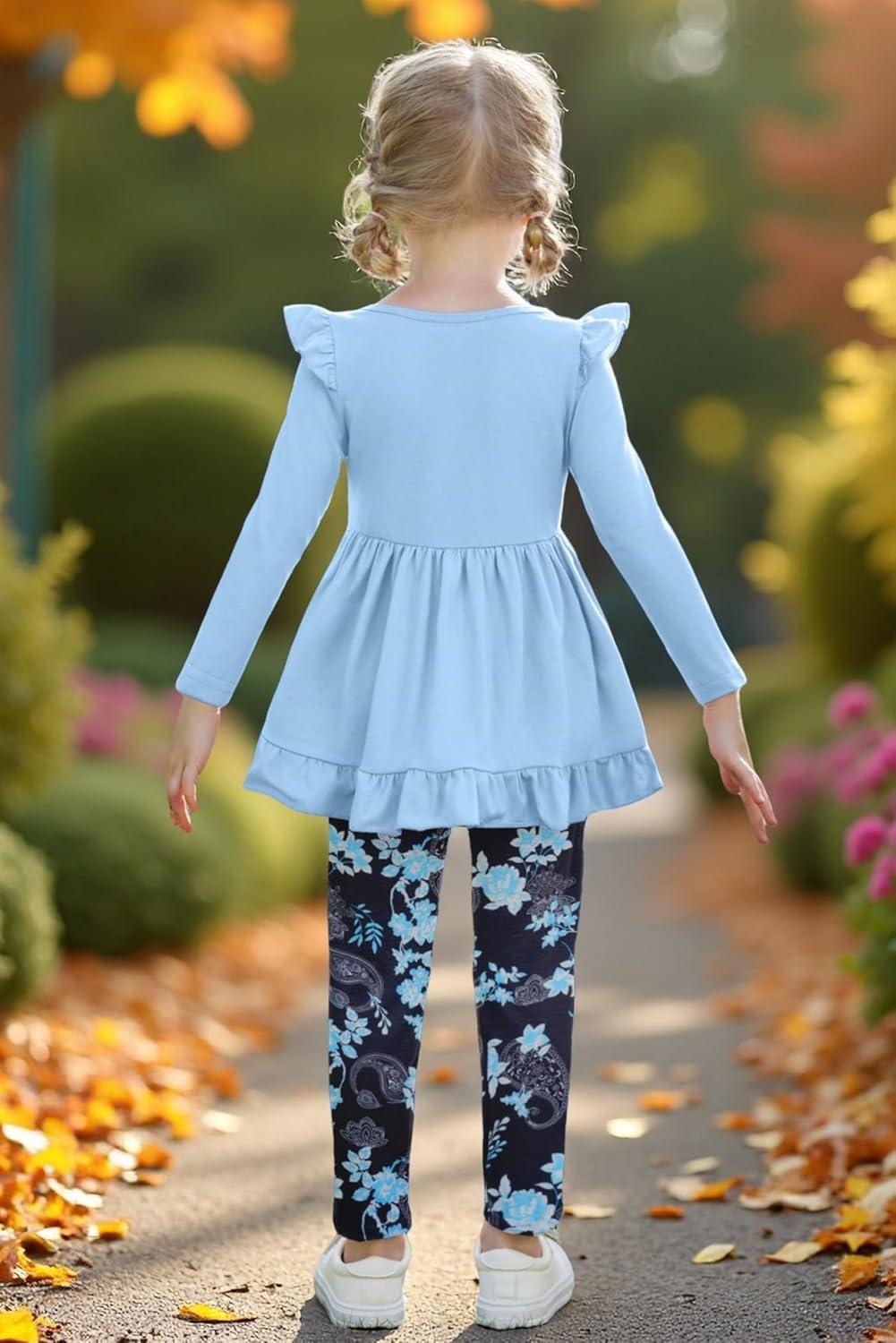 image:imageArshiner Toddler Girl Clothes Ruffle Trim Long Sleeve Pullover Top and Floral Print Leggings Fall Outfits Kids Clothing SetsBlueflower