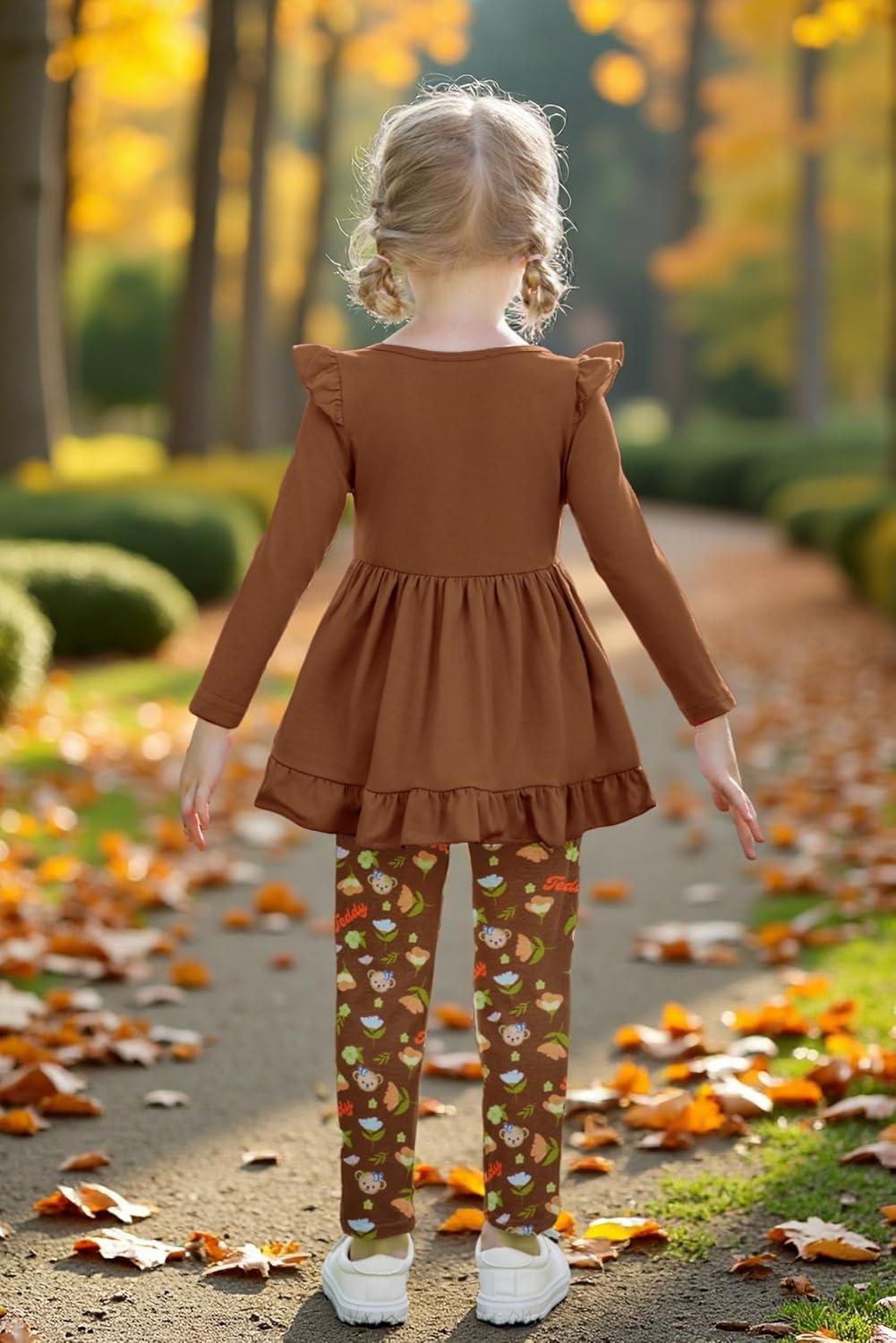 image:imageArshiner Toddler Girl Clothes Ruffle Trim Long Sleeve Pullover Top and Floral Print Leggings Fall Outfits Kids Clothing SetsBrownteddy