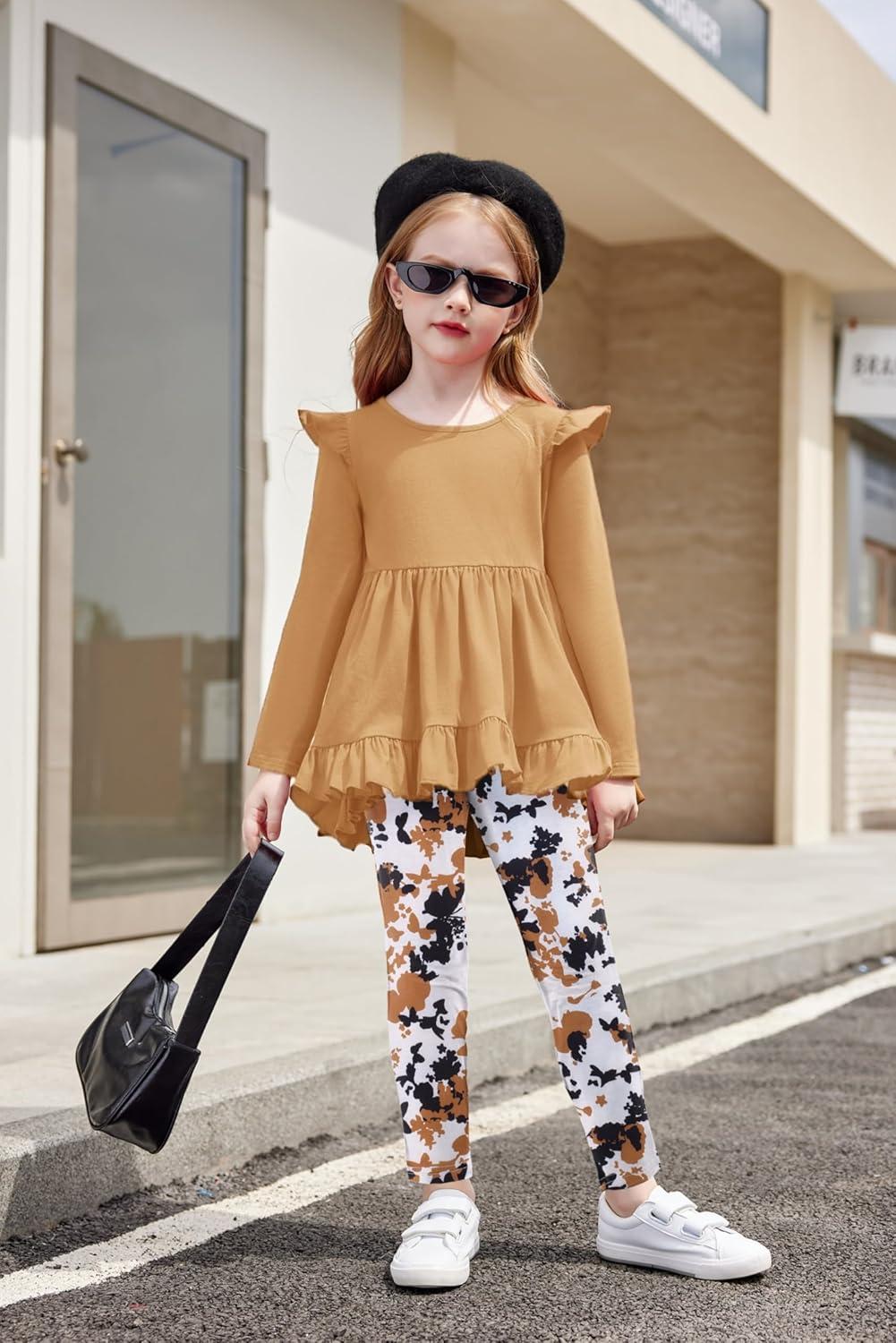 image:imageArshiner Toddler Girl Clothes Ruffle Trim Long Sleeve Pullover Top and Floral Print Leggings Fall Outfits Kids Clothing SetsBrowntie Dye