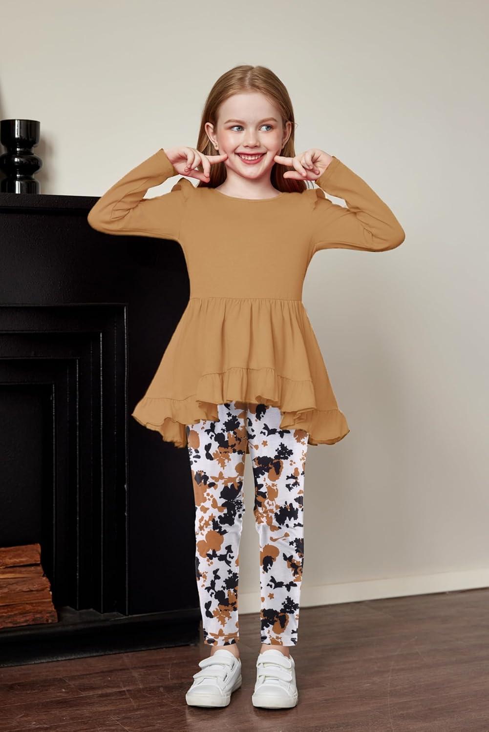 image:imageArshiner Toddler Girl Clothes Ruffle Trim Long Sleeve Pullover Top and Floral Print Leggings Fall Outfits Kids Clothing SetsBrowntie Dye