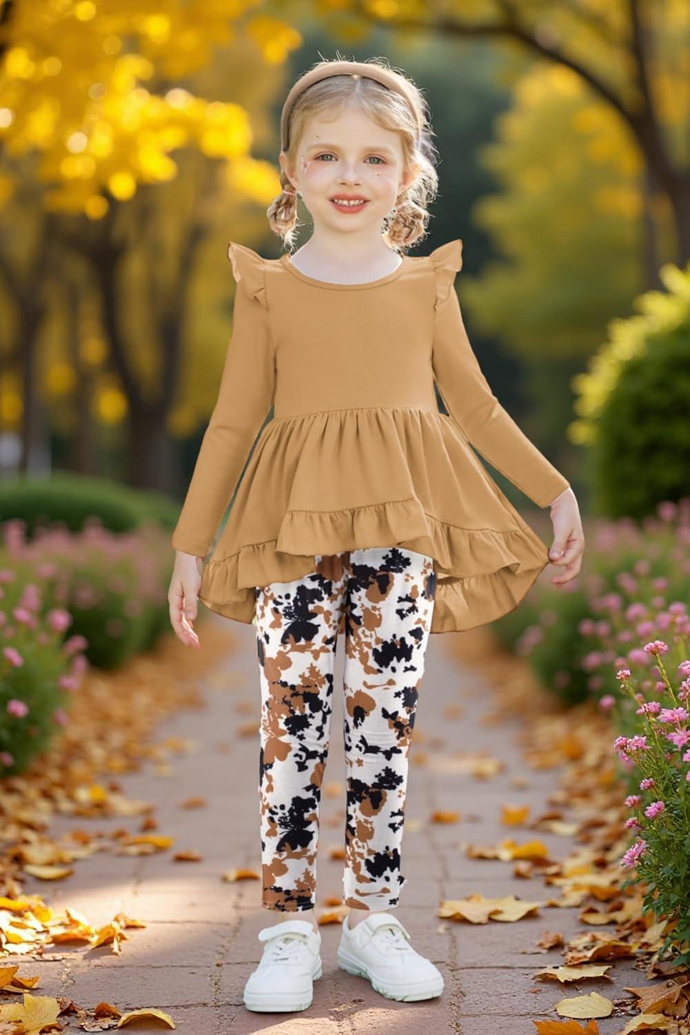 image:imageArshiner Toddler Girl Clothes Ruffle Trim Long Sleeve Pullover Top and Floral Print Leggings Fall Outfits Kids Clothing SetsBrowntie Dye