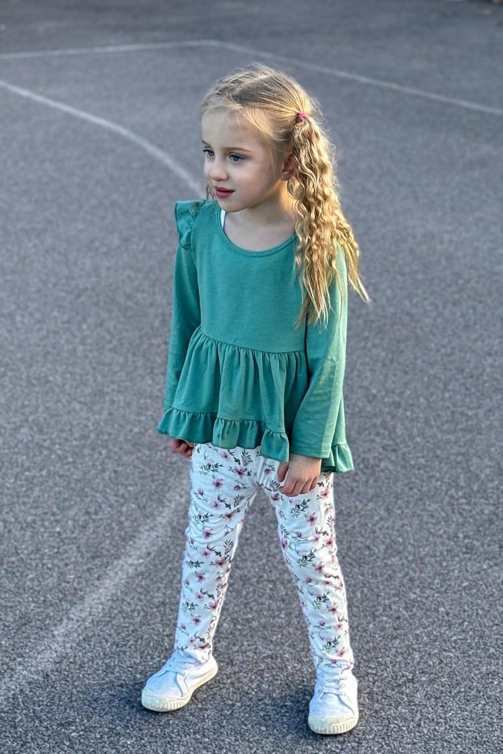 image:imageArshiner Toddler Girl Clothes Ruffle Trim Long Sleeve Pullover Top and Floral Print Leggings Fall Outfits Kids Clothing SetsGreenflower