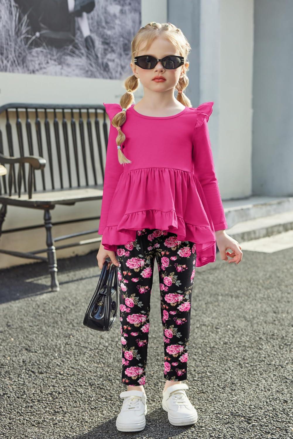 image:imageArshiner Toddler Girl Clothes Ruffle Trim Long Sleeve Pullover Top and Floral Print Leggings Fall Outfits Kids Clothing SetsHot Pinkflower