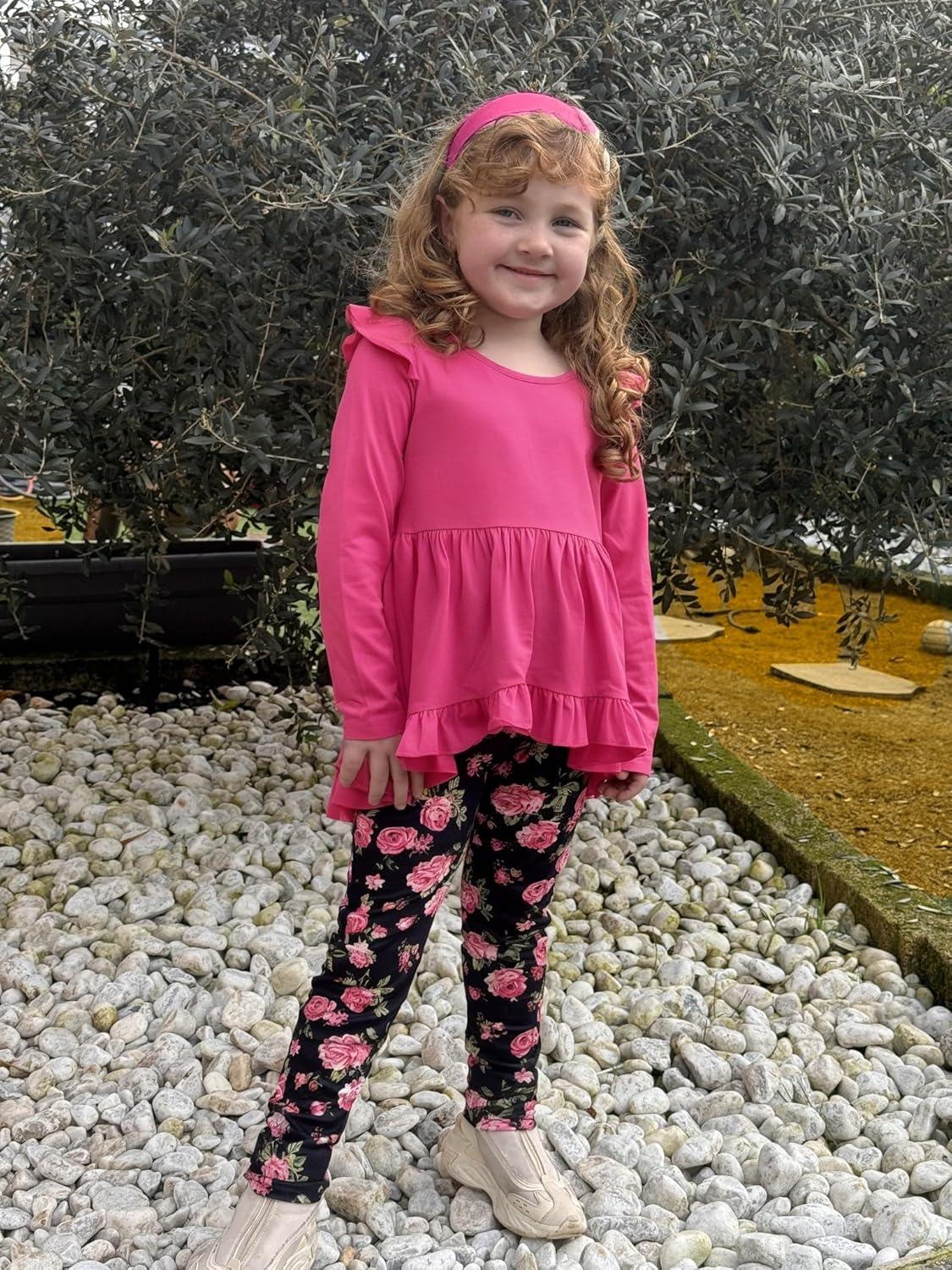 image:imageArshiner Toddler Girl Clothes Ruffle Trim Long Sleeve Pullover Top and Floral Print Leggings Fall Outfits Kids Clothing SetsHot Pinkflower
