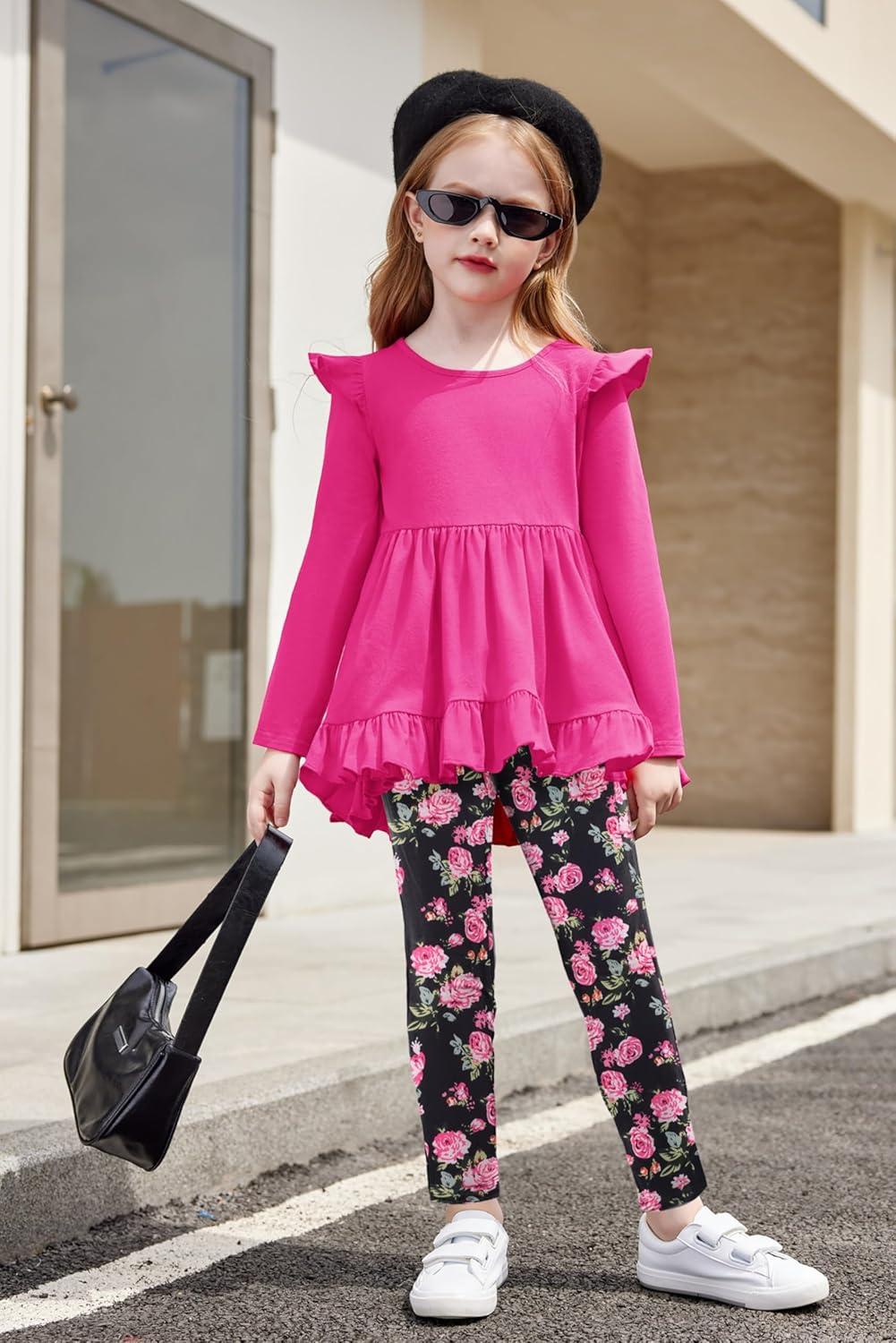 image:imageArshiner Toddler Girl Clothes Ruffle Trim Long Sleeve Pullover Top and Floral Print Leggings Fall Outfits Kids Clothing SetsHot Pinkflower