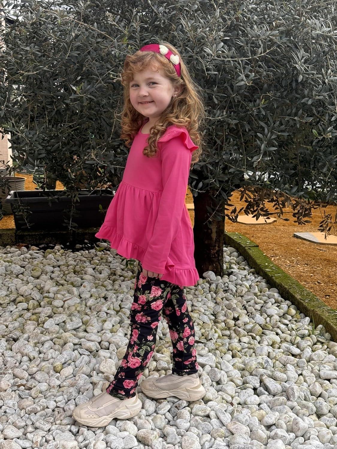 image:imageArshiner Toddler Girl Clothes Ruffle Trim Long Sleeve Pullover Top and Floral Print Leggings Fall Outfits Kids Clothing SetsHot Pinkflower