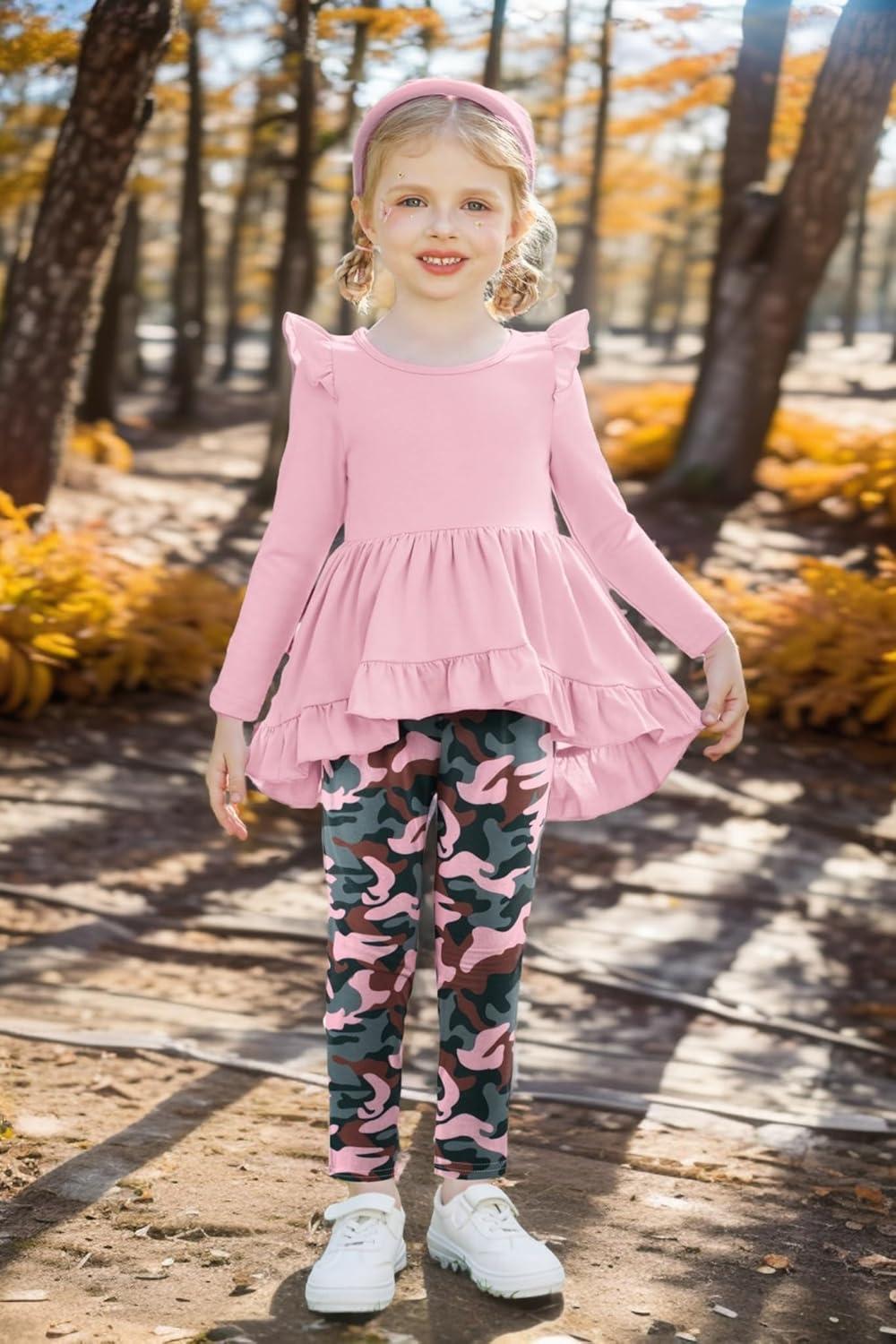 image:imageArshiner Toddler Girl Clothes Ruffle Trim Long Sleeve Pullover Top and Floral Print Leggings Fall Outfits Kids Clothing SetsPinkcamouflage