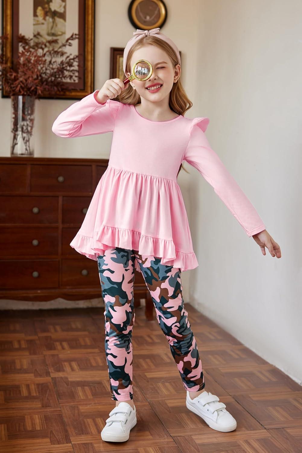 image:imageArshiner Toddler Girl Clothes Ruffle Trim Long Sleeve Pullover Top and Floral Print Leggings Fall Outfits Kids Clothing SetsPinkcamouflage
