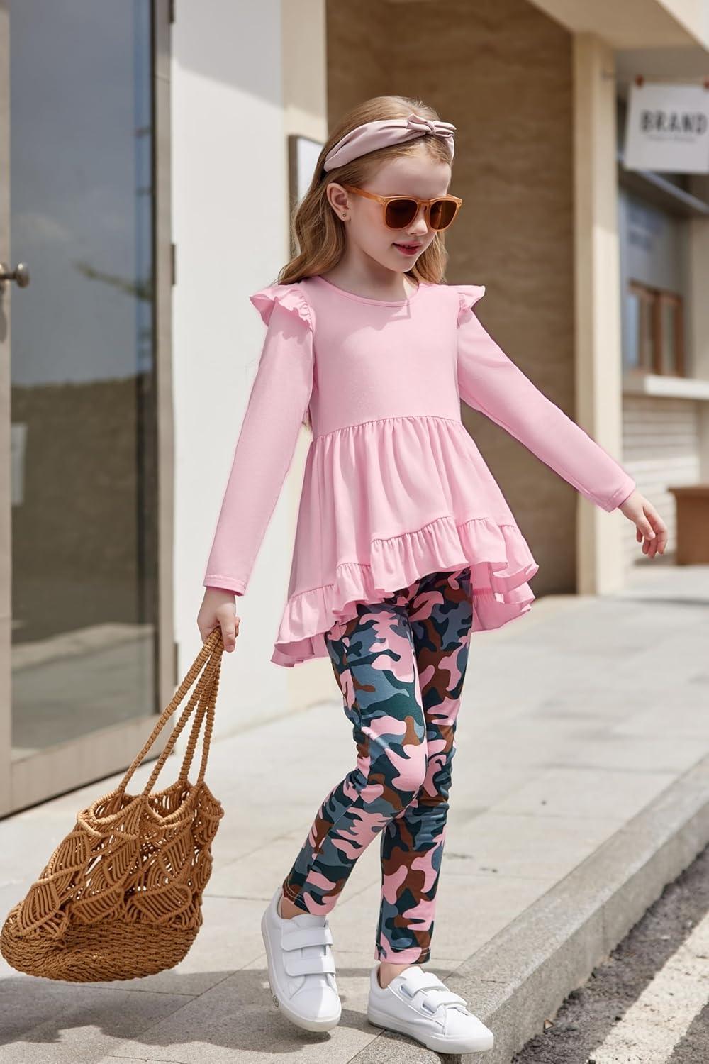 image:imageArshiner Toddler Girl Clothes Ruffle Trim Long Sleeve Pullover Top and Floral Print Leggings Fall Outfits Kids Clothing SetsPinkcamouflage