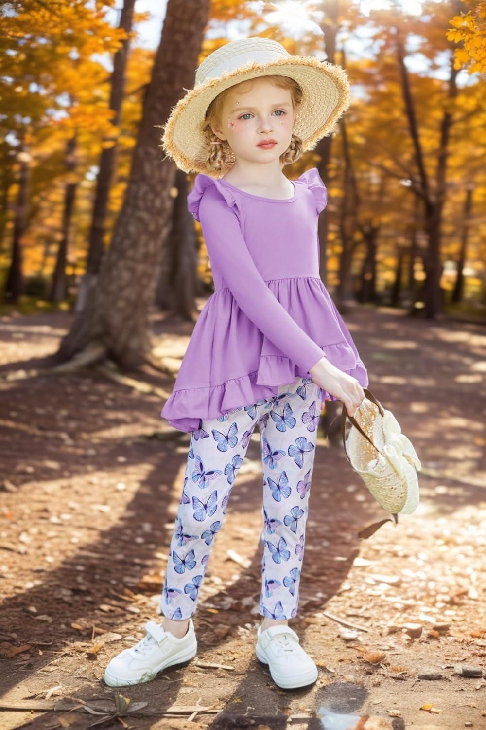 image:imageArshiner Toddler Girl Clothes Ruffle Trim Long Sleeve Pullover Top and Floral Print Leggings Fall Outfits Kids Clothing SetsPurplebutterfly