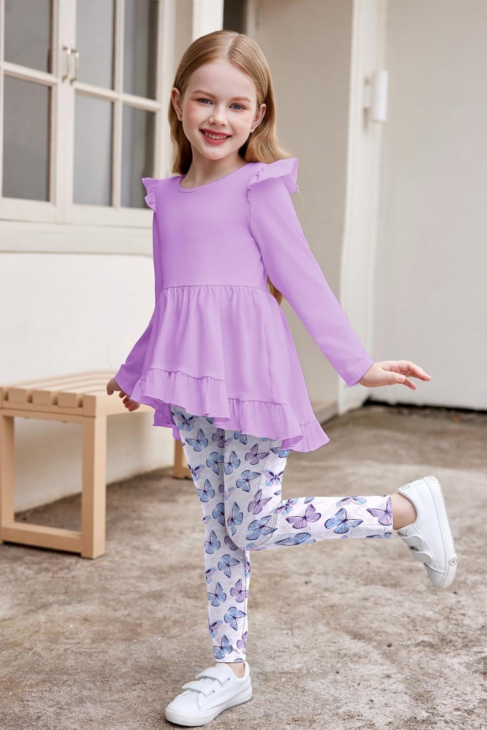 image:imageArshiner Toddler Girl Clothes Ruffle Trim Long Sleeve Pullover Top and Floral Print Leggings Fall Outfits Kids Clothing SetsPurplebutterfly