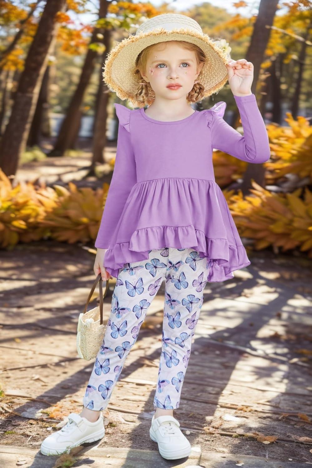 image:imageArshiner Toddler Girl Clothes Ruffle Trim Long Sleeve Pullover Top and Floral Print Leggings Fall Outfits Kids Clothing SetsPurplebutterfly