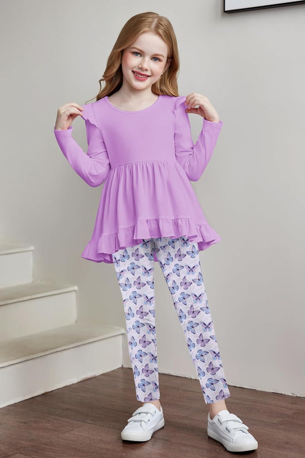 image:imageArshiner Toddler Girl Clothes Ruffle Trim Long Sleeve Pullover Top and Floral Print Leggings Fall Outfits Kids Clothing SetsPurplebutterfly