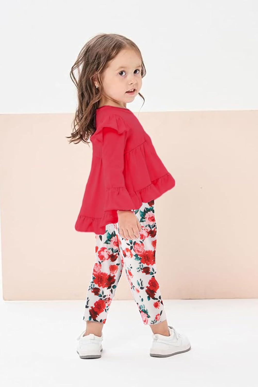 image:imageArshiner Toddler Girl Clothes Ruffle Trim Long Sleeve Pullover Top and Floral Print Leggings Fall Outfits Kids Clothing SetsRedflower