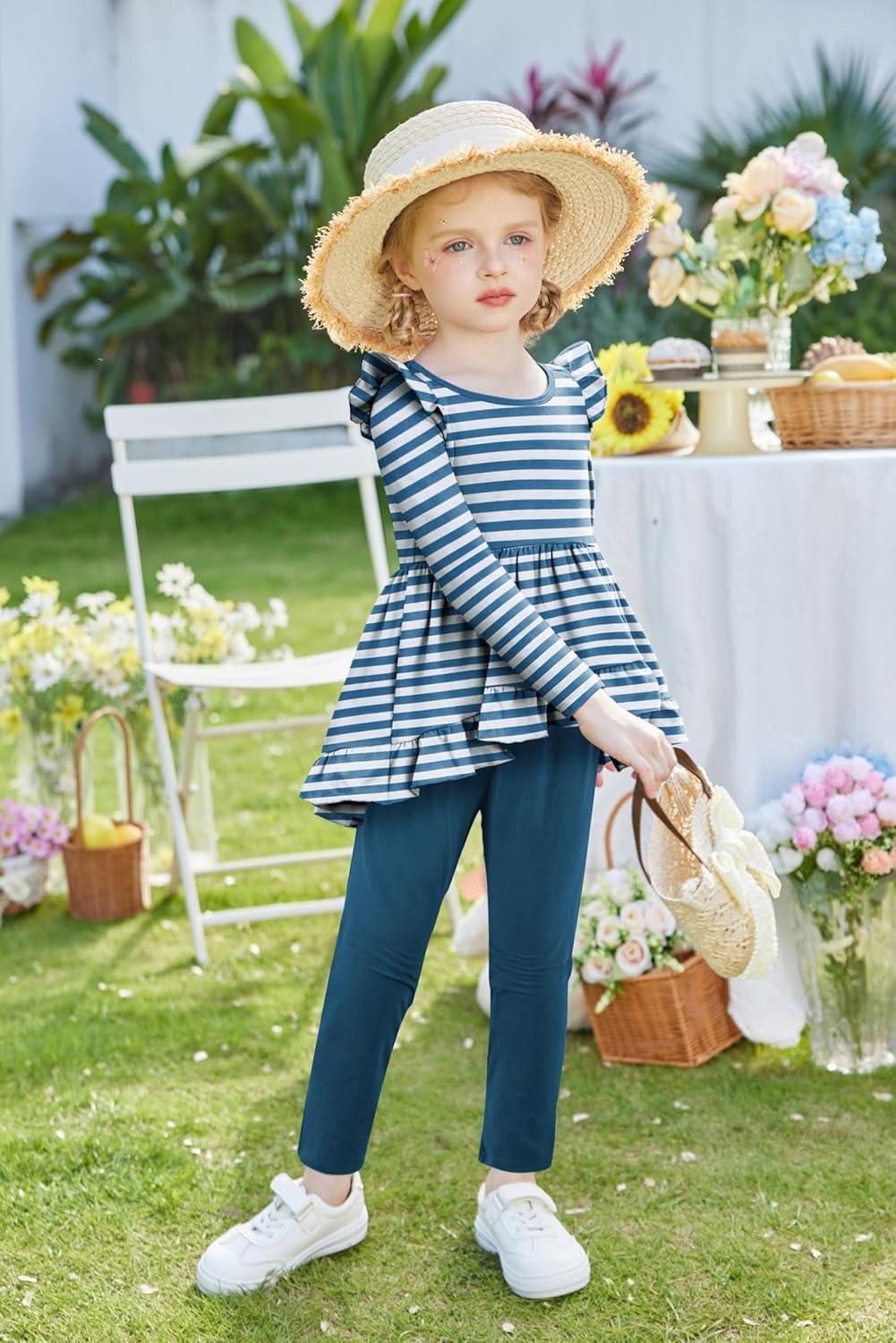 image:imageArshiner Toddler Girl Clothes Ruffle Trim Long Sleeve Pullover Top and Floral Print Leggings Fall Outfits Kids Clothing SetsStripeblue