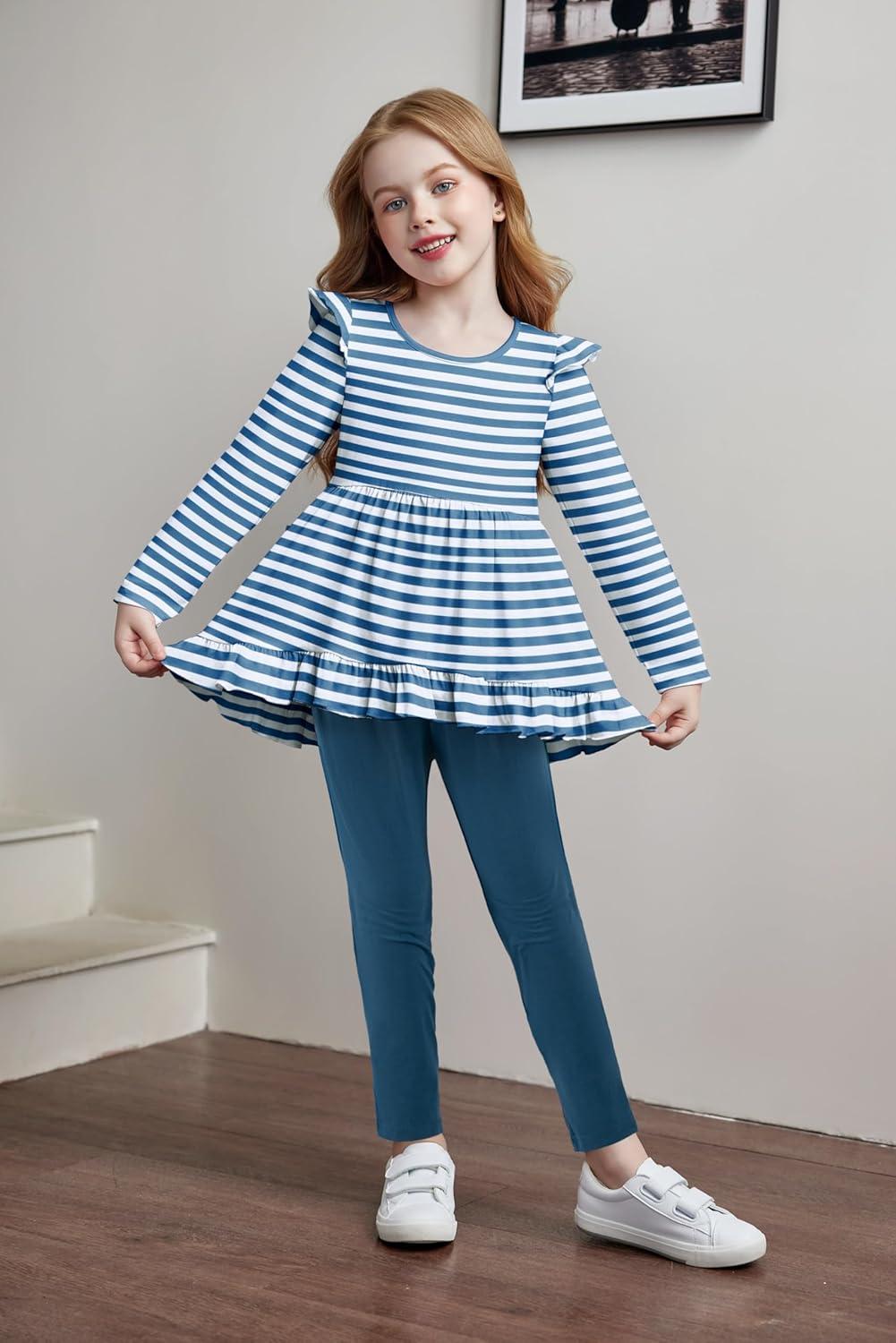 image:imageArshiner Toddler Girl Clothes Ruffle Trim Long Sleeve Pullover Top and Floral Print Leggings Fall Outfits Kids Clothing SetsStripeblue