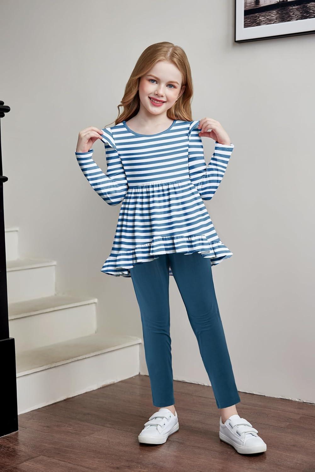 image:imageArshiner Toddler Girl Clothes Ruffle Trim Long Sleeve Pullover Top and Floral Print Leggings Fall Outfits Kids Clothing SetsStripeblue