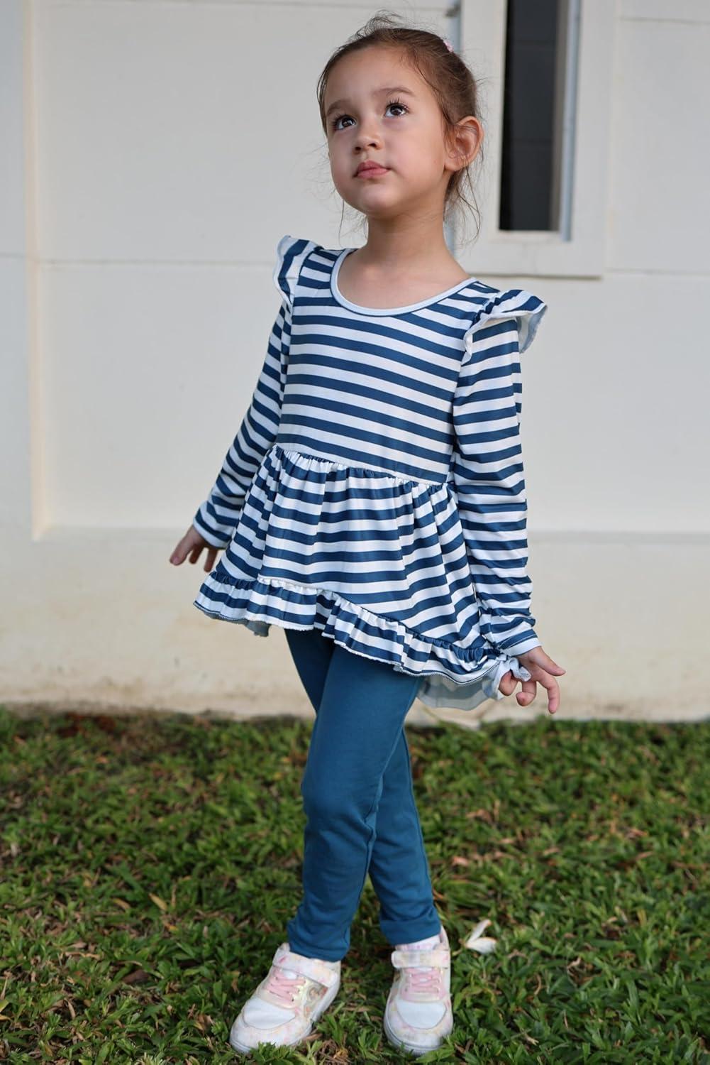 image:imageArshiner Toddler Girl Clothes Ruffle Trim Long Sleeve Pullover Top and Floral Print Leggings Fall Outfits Kids Clothing SetsStripeblue