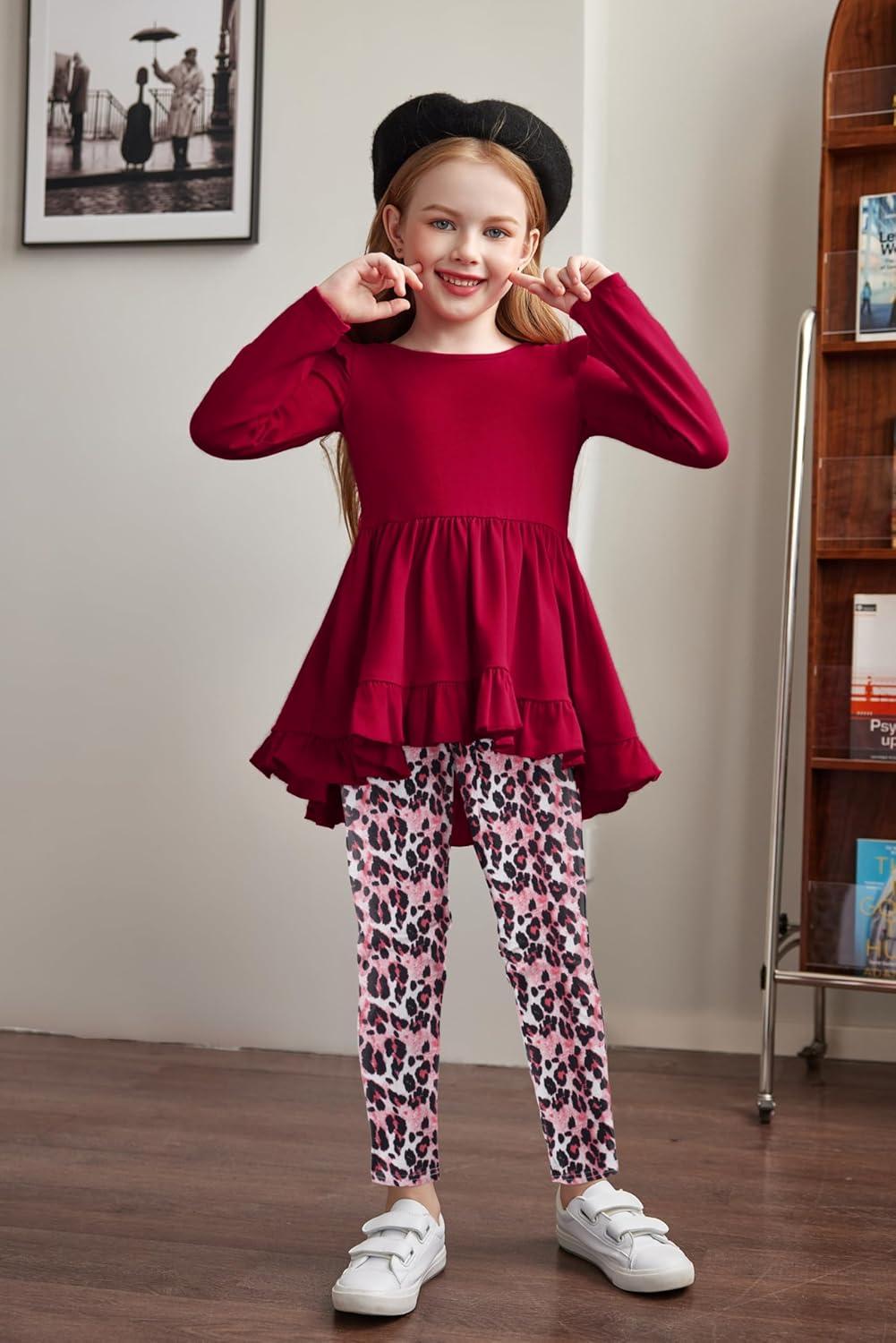 image:imageArshiner Toddler Girl Clothes Ruffle Trim Long Sleeve Pullover Top and Floral Print Leggings Fall Outfits Kids Clothing SetsWine Redleopard