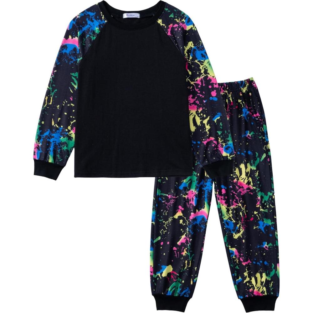 image:imageArshiner Boys Clothes Set Long Raglan Sleeve TShirts Casual Pants 2Pcs Colorblock Fall Outfits for KidsBlack Ink Splatter Print