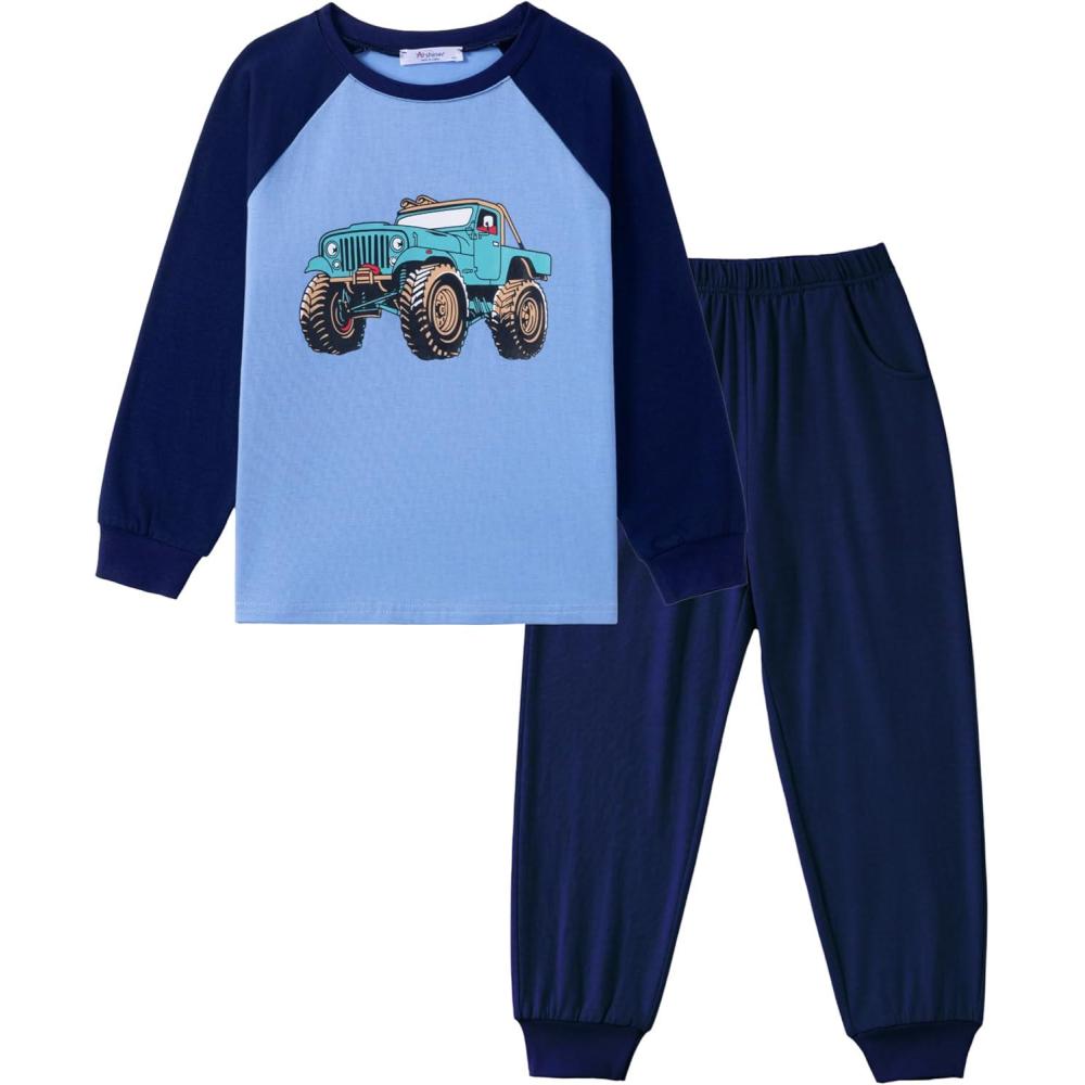 image:imageArshiner Boys Clothes Set Long Raglan Sleeve TShirts Casual Pants 2Pcs Colorblock Fall Outfits for KidsBlue Truck
