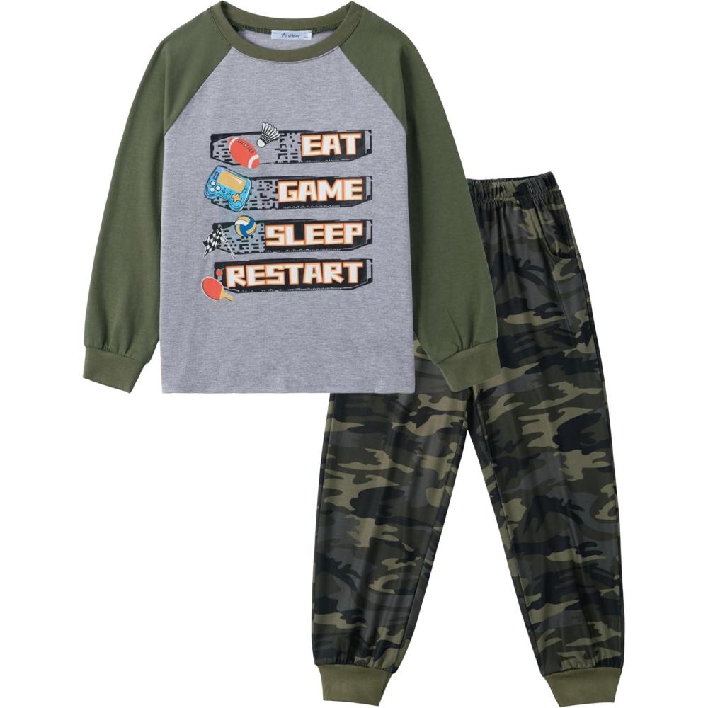 image:imageArshiner Boys Clothes Set Long Raglan Sleeve TShirts Casual Pants 2Pcs Colorblock Fall Outfits for KidsGrey Army Green Camo