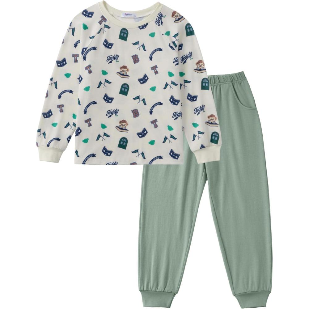 image:imageArshiner Boys Clothes Set Long Raglan Sleeve TShirts  Casual Pants 2Pcs Colorblock Fall Outfits for KidsTeddy Cream  Green