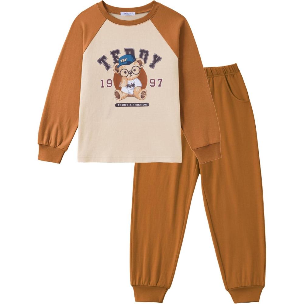 image:imageArshiner Boys Clothes Set Long Raglan Sleeve TShirts Casual Pants 2Pcs Colorblock Fall Outfits for KidsTeddy Friends Cream Brown