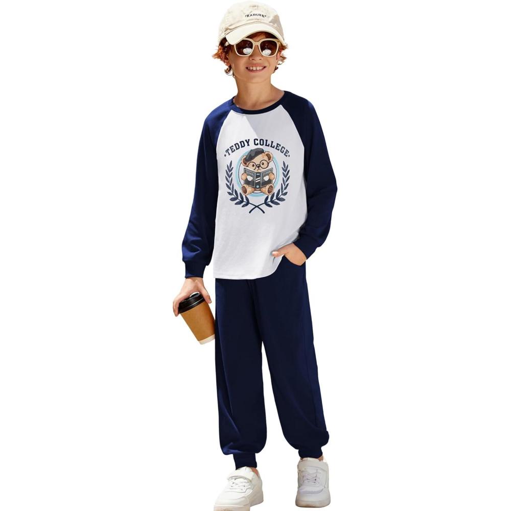 image:imageArshiner Boys Clothes Set Long Raglan Sleeve TShirts  Casual Pants 2Pcs Colorblock Fall Outfits for KidsTeddy White  Navy