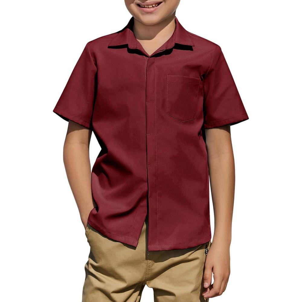 image:imageArshiner Boys Short Sleeve Dress Shirts Solid Button Down Shirts Summer Formal Uniform Shirt with PocketWine Red