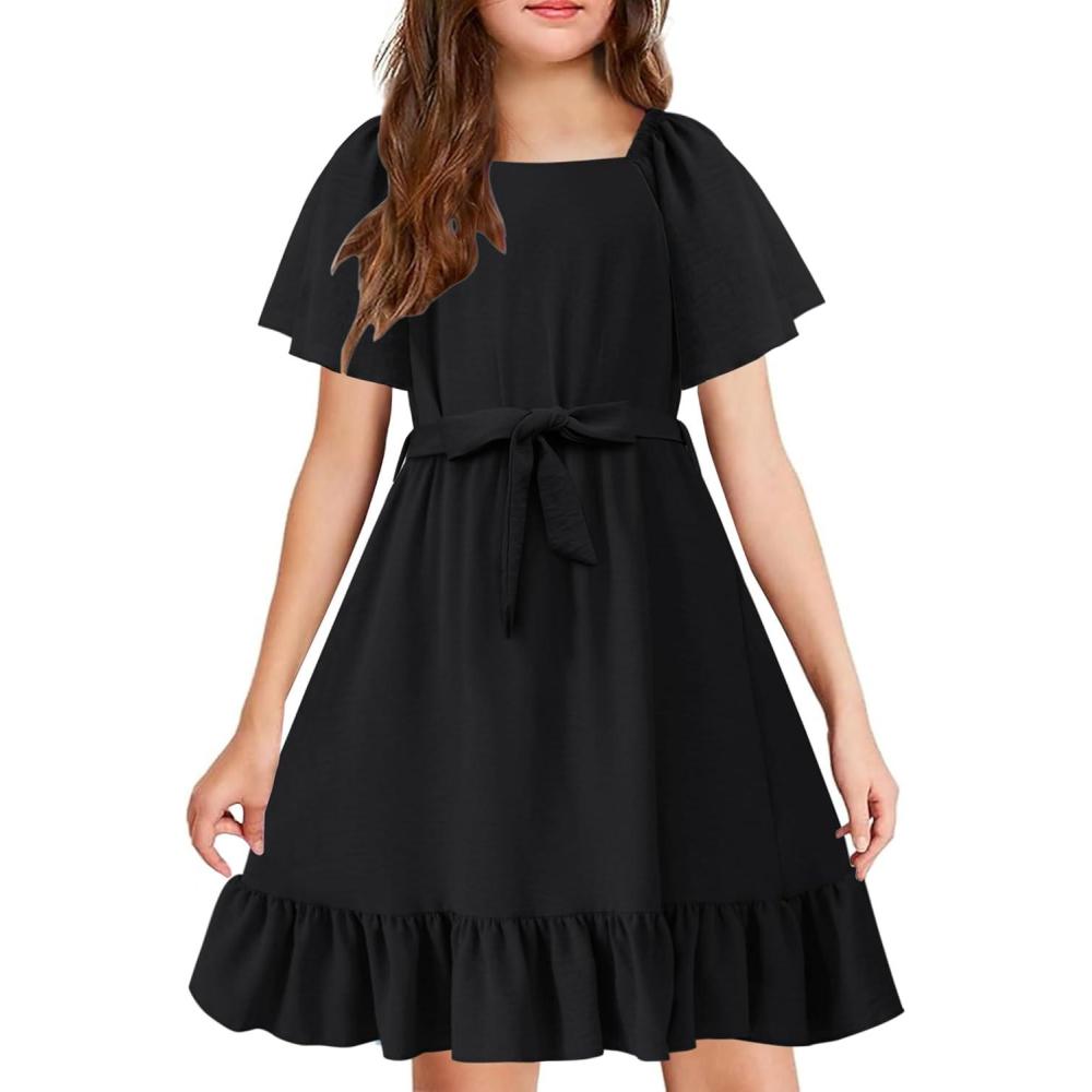 image:imageArshiner Girls Dresses Kids Summer Square Neck Ruffle Hem Belted Dress with Pockets for 512 YearsBlack