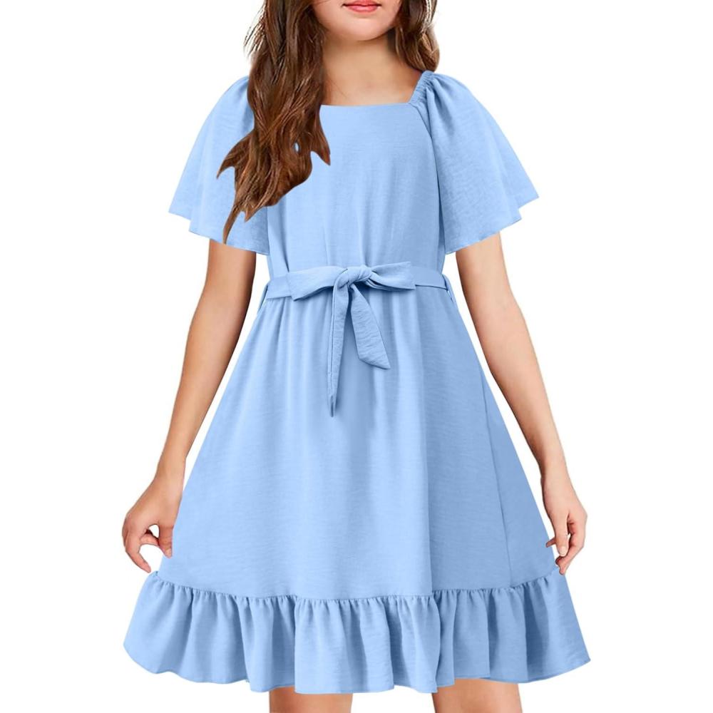 image:imageArshiner Girls Dresses Kids Summer Square Neck Ruffle Hem Belted Dress with Pockets for 512 YearsLight Blue