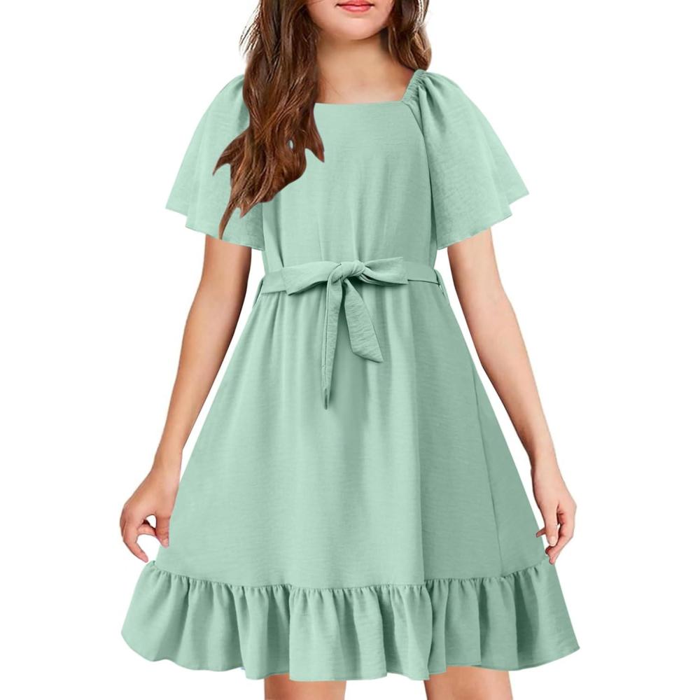 image:imageArshiner Girls Dresses Kids Summer Square Neck Ruffle Hem Belted Dress with Pockets for 512 YearsLight Green