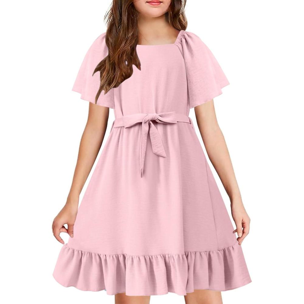 image:imageArshiner Girls Dresses Kids Summer Square Neck Ruffle Hem Belted Dress with Pockets for 512 YearsLight Pink