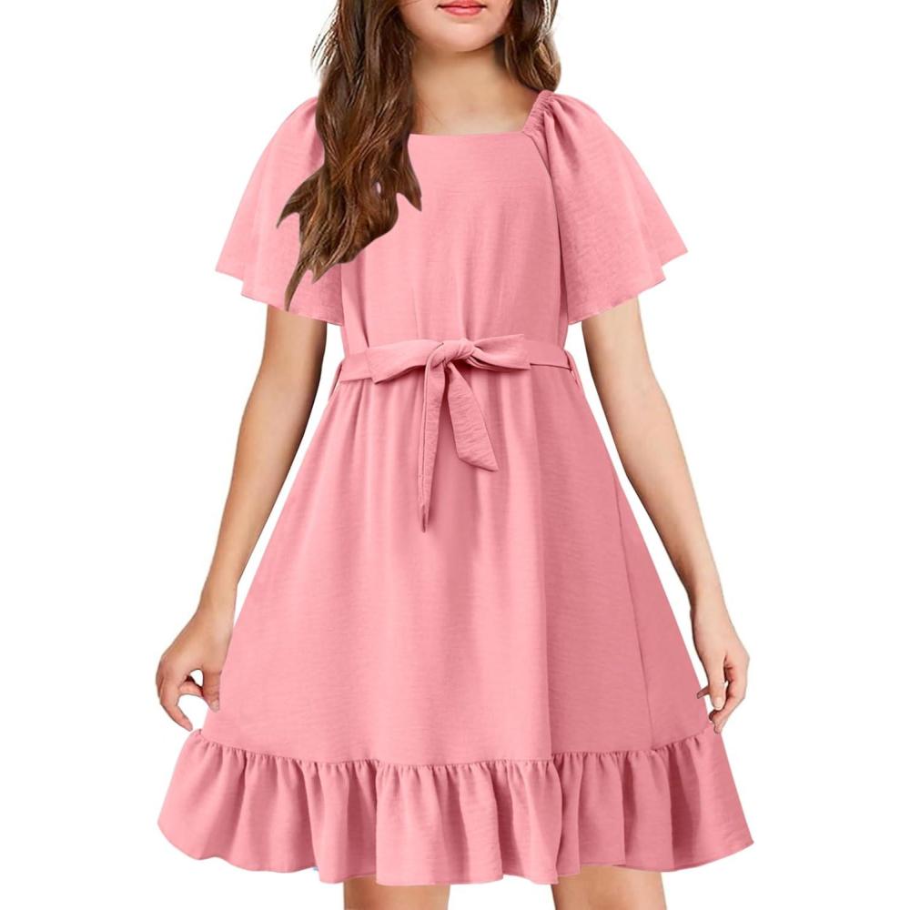 image:imageArshiner Girls Dresses Kids Summer Square Neck Ruffle Hem Belted Dress with Pockets for 512 YearsPink
